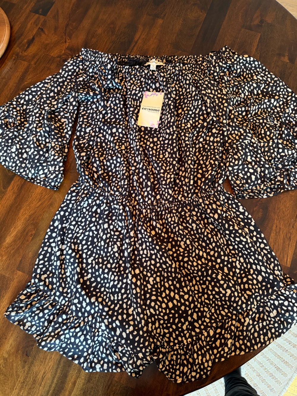 eesome Black Romper with Ivory Dot Print